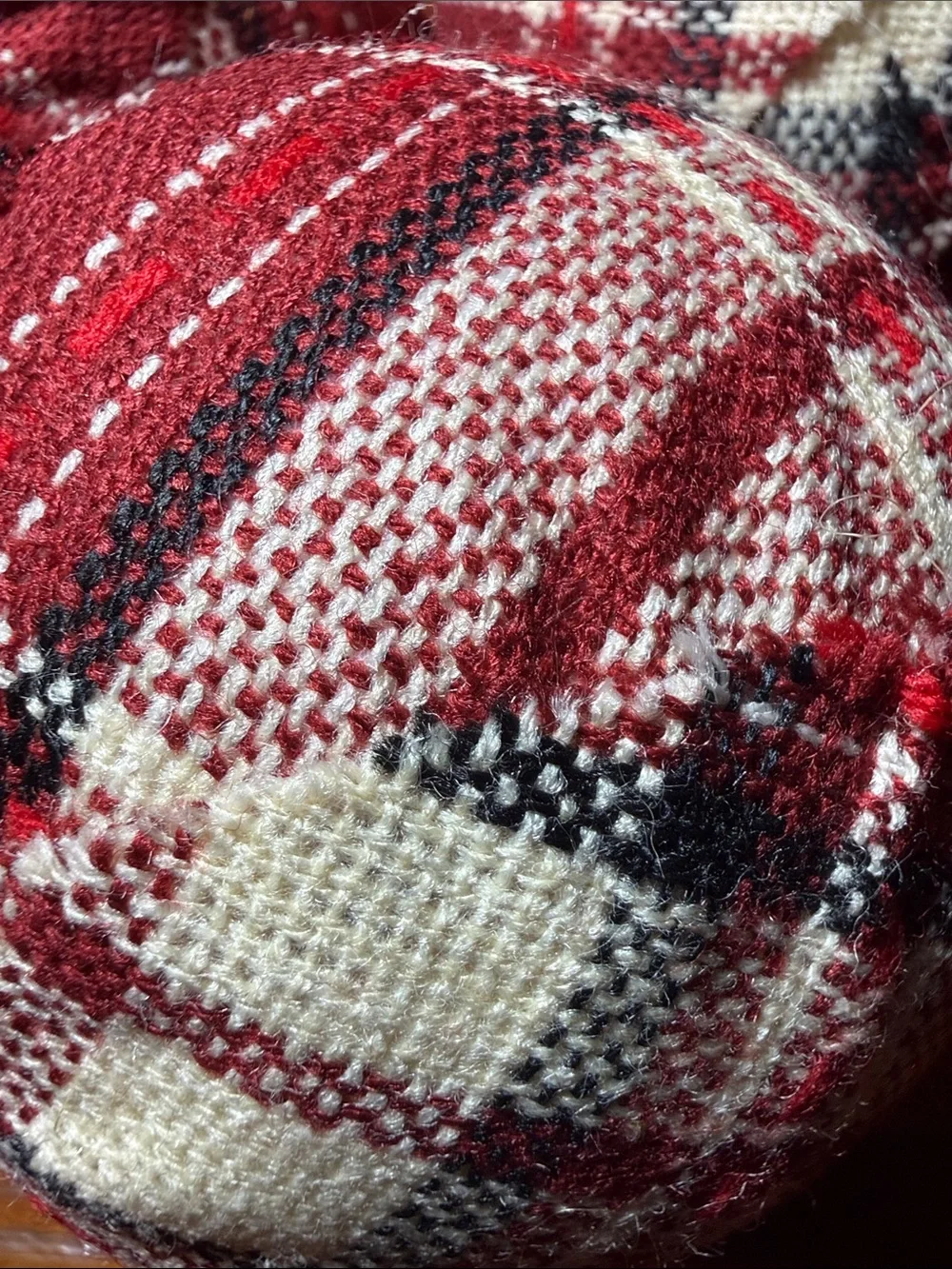 3 - 4” Red Plaid Fabric Holiday Ornaments - Red & Cream
